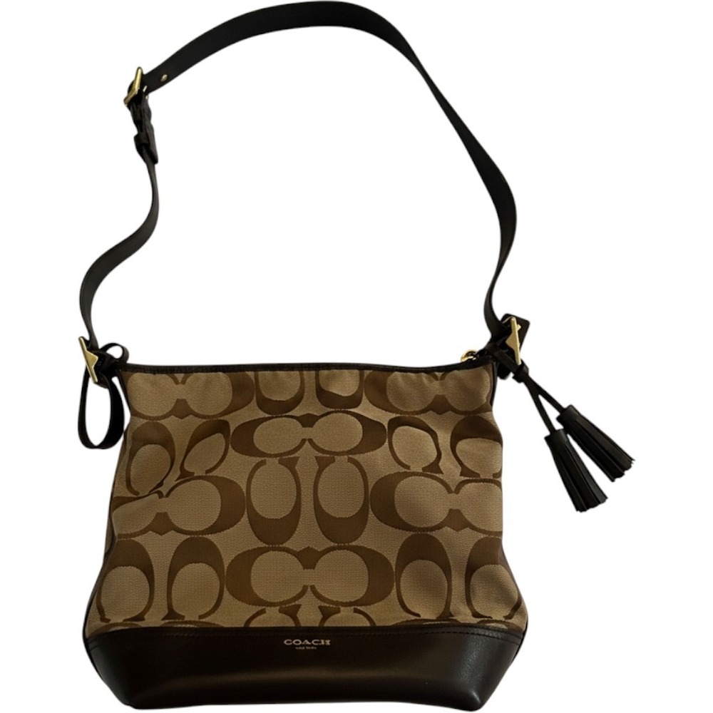 Coach Signature Canvas Shoulder Bag Khaki Brown Leather Tassel 21149